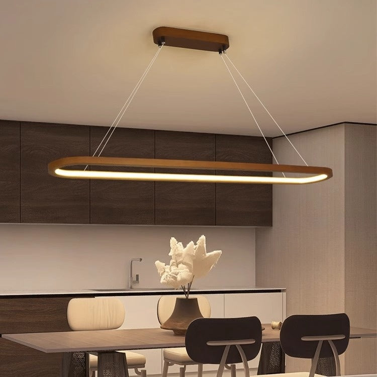 Long Wood-Tone LED Pendant Light / Warm Light / Walnut Color / 90X20CM
