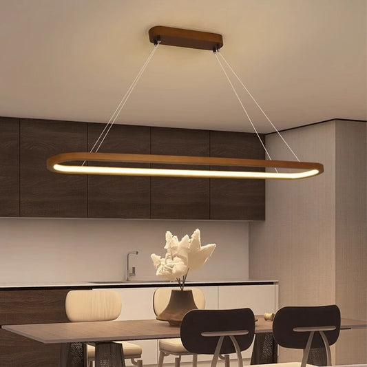 Long Wood-Tone LED Pendant Light / Warm Light / Walnut Color / 90X20CM