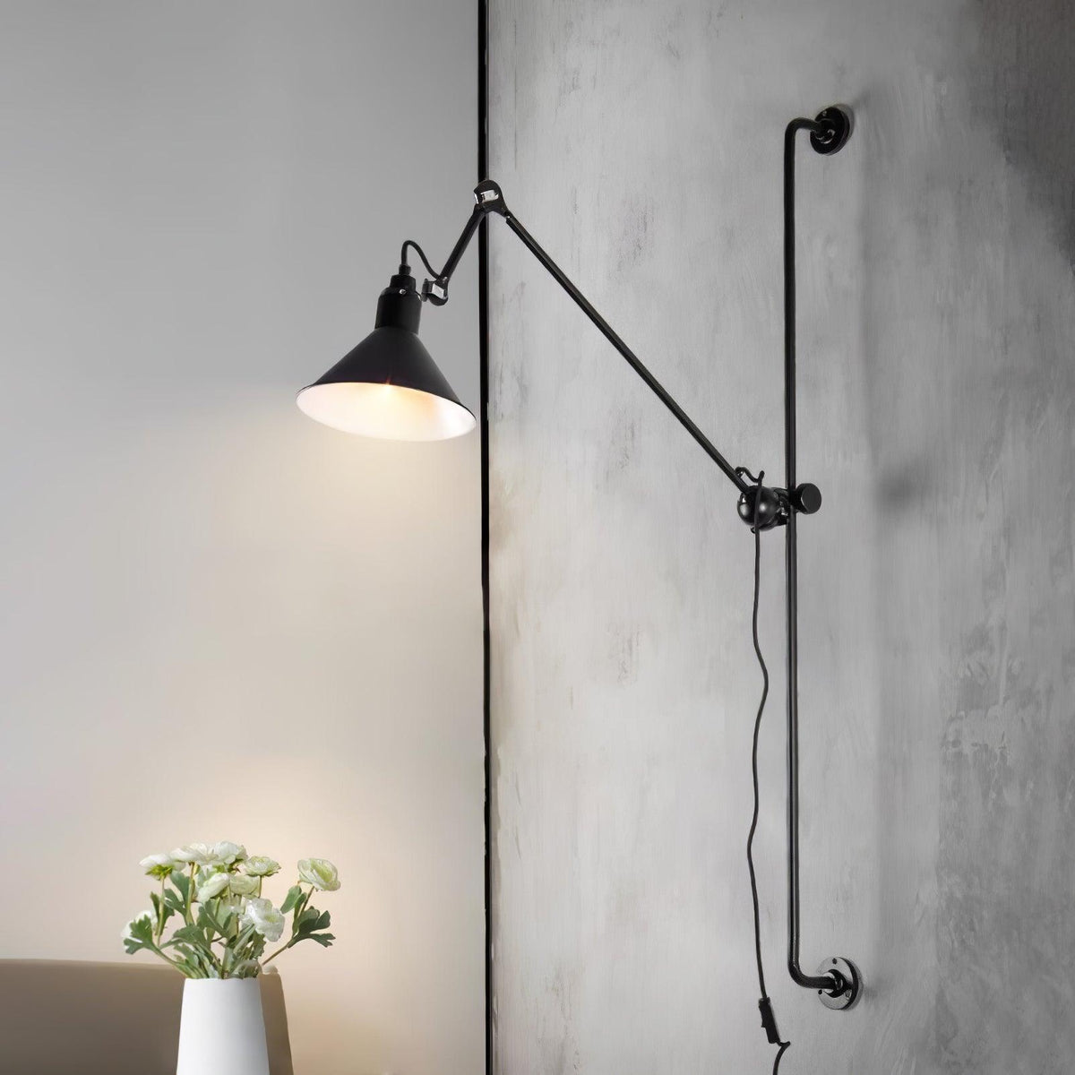 Adjustable Metal Rocker Wall Light / ∅ 8.3″ x H 46.5″ / Dia 21cm x H 118cm / White & Black / UK Plug