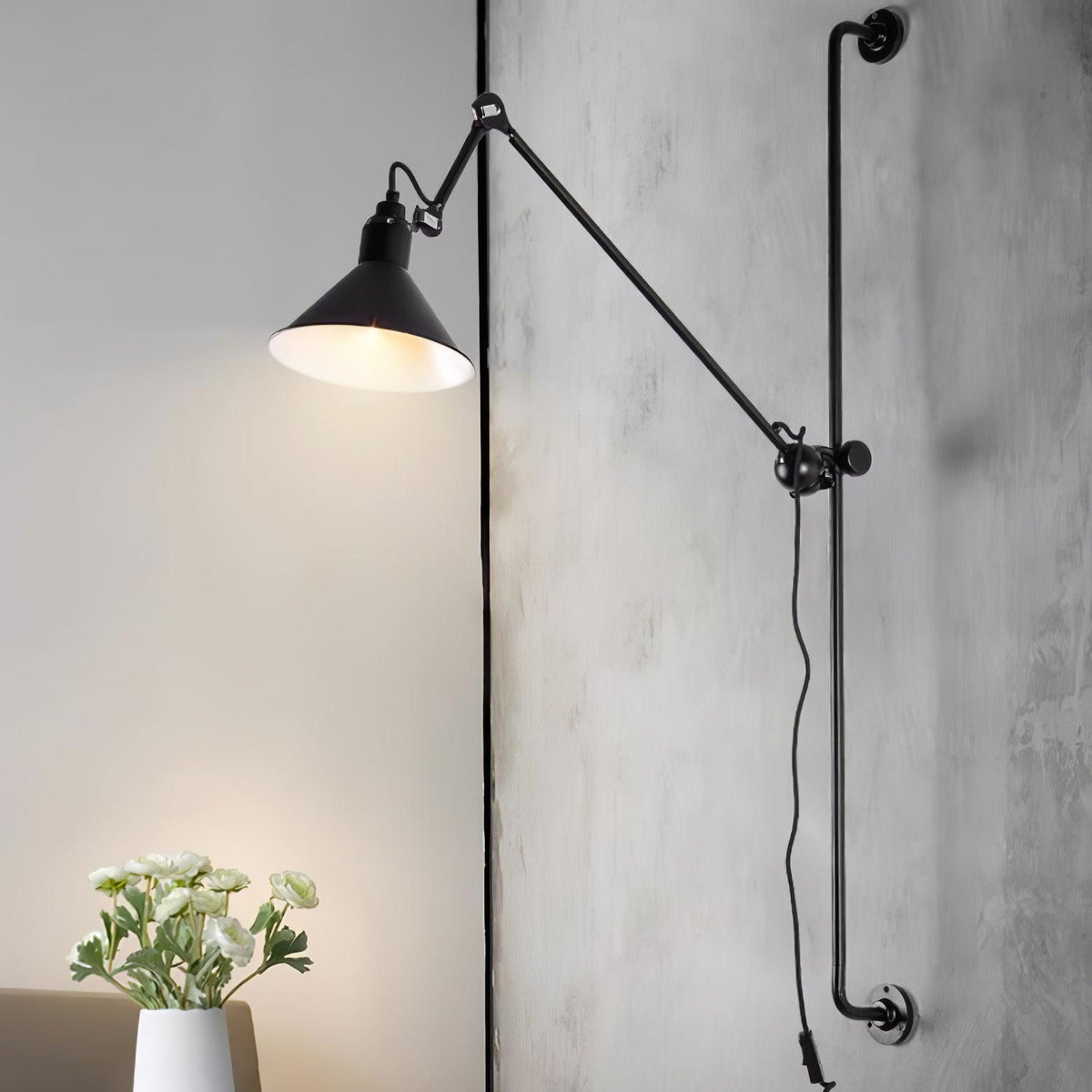 Adjustable Metal Rocker Wall Light / ∅ 8.3″ x H 46.5″ / Dia 21cm x H 118cm / Black & Black / EU Plug
